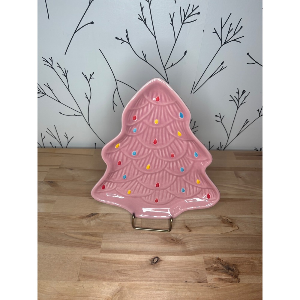 Merry Moments Pink Ceramic Christmas Tree Holiday Plate Stoneware Festive Decor